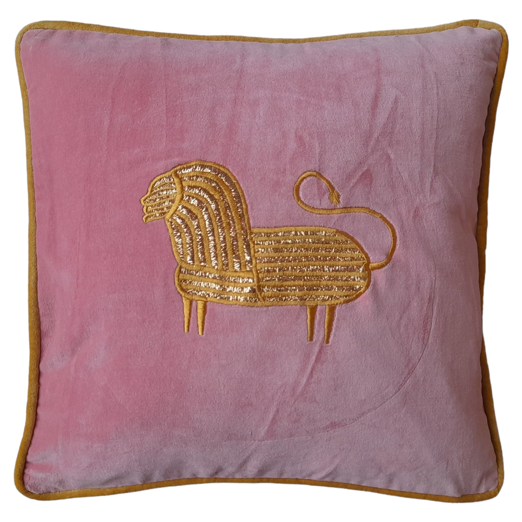 Roze kussen geborduurde goude leeuw