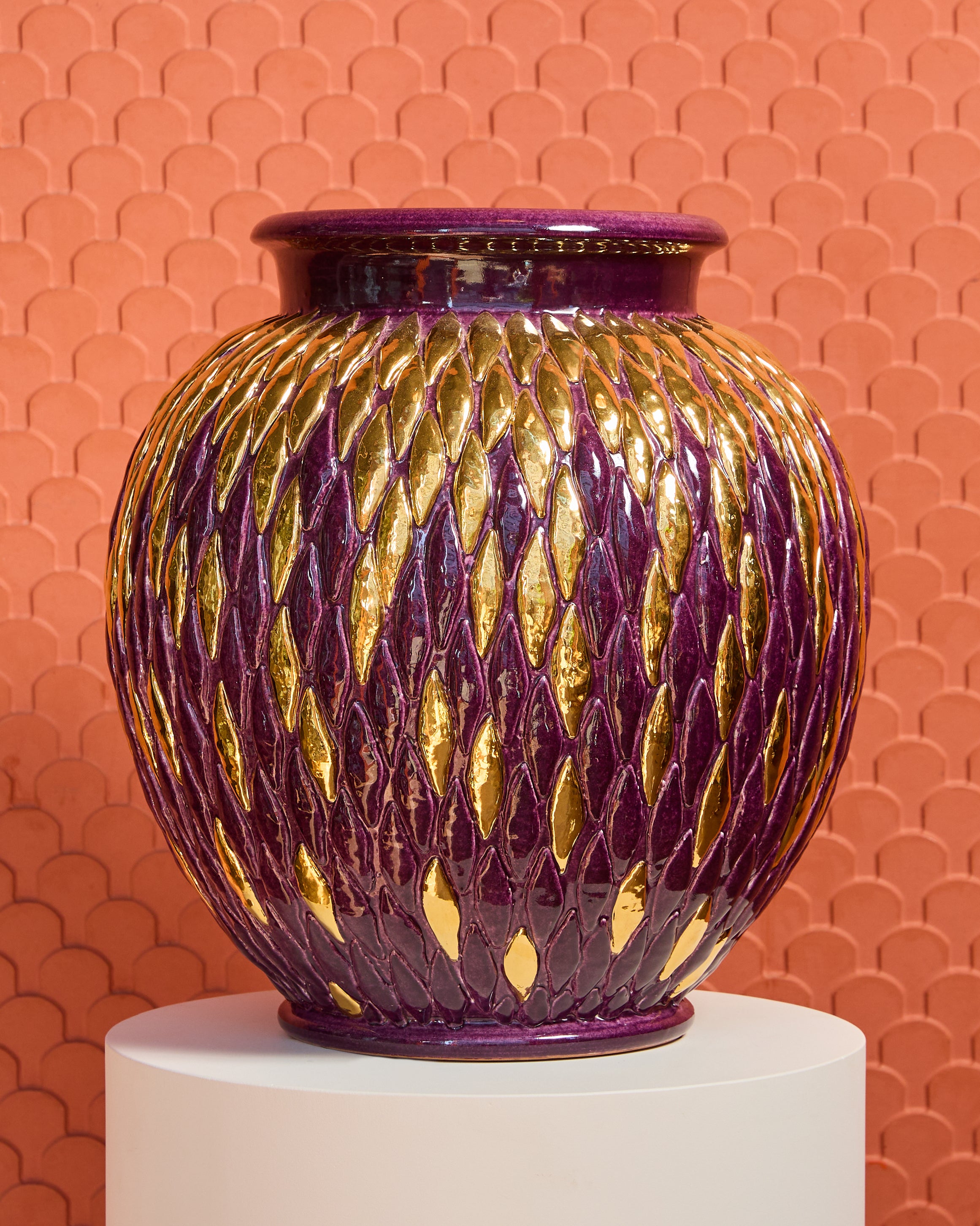 Large Round Vase With Golden Leaves (Aubergine)